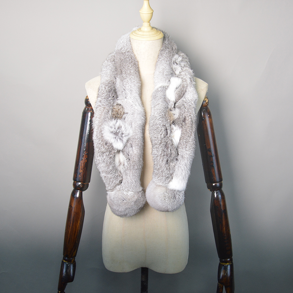 Nouvelle Écharpe Longue en Véritable Fourrure Russe pour Femme 2026 – Foulard Chaud en Vraie Fourrure de Lapin pour l'Hiver, Tricoté avec Pompons Moelleux, Écharpes en Fourrure Naturelle