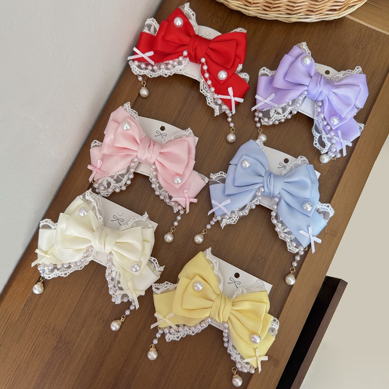 Barrettes antidérapantes en satin, dentelle, perles et nœuds, pour femmes, style Lolita, mariage, usage quotidien, fête, séance photo, accessoires pour cheveux, 8 couleurs