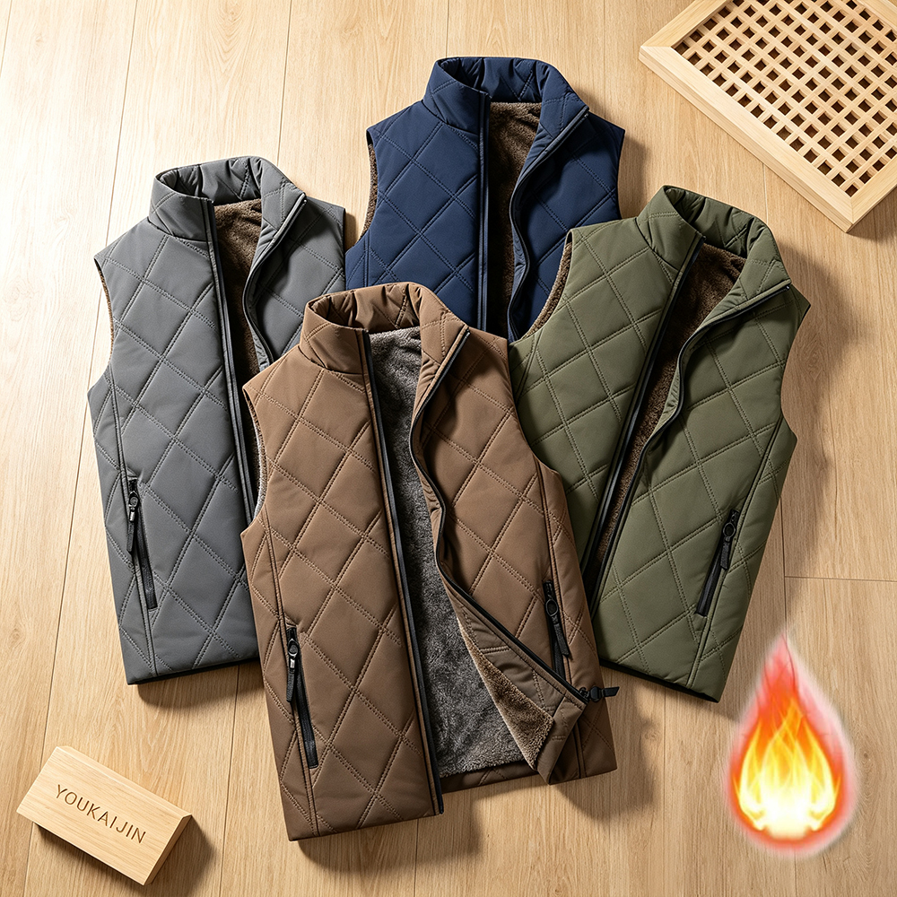 Gilet matelassé en losanges pour homme, style coréen, doublé de polaire épaisse, zippé, sans manches, décontracté, chaud, pour l'automne et l'hiver.