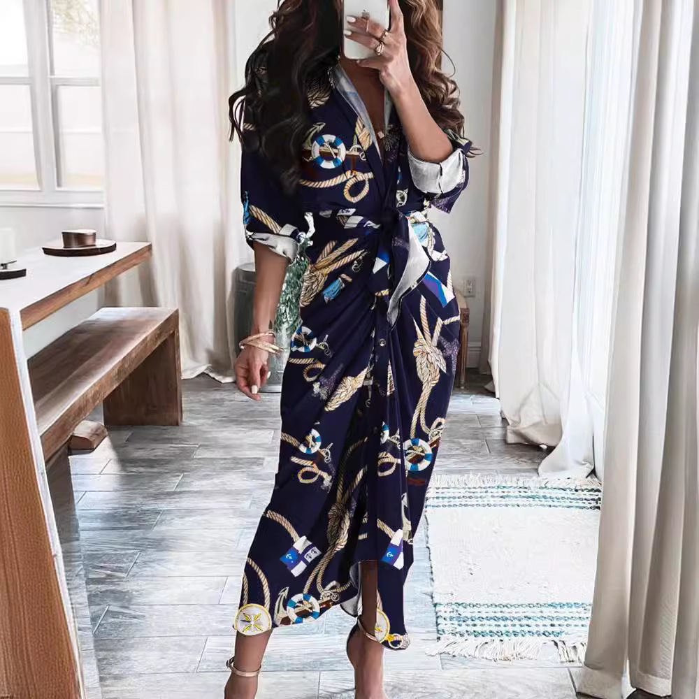 Robe chemise rayée à col en V pour femmes, manches trois quarts, taille ceinturée, plissée, fendue, longueur midi, tenue décontractée pour soirée