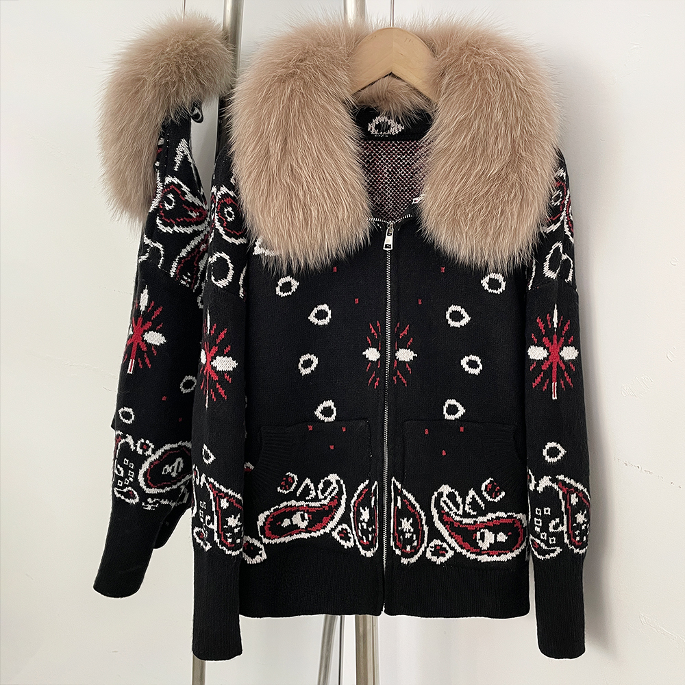 Manteau en tricot pour femme avec fourrure naturelle, parka de luxe pour femme avec vraie fourrure, vêtements pour femme, hauts pour femme, cardigan pour femme, tricot pour femmes