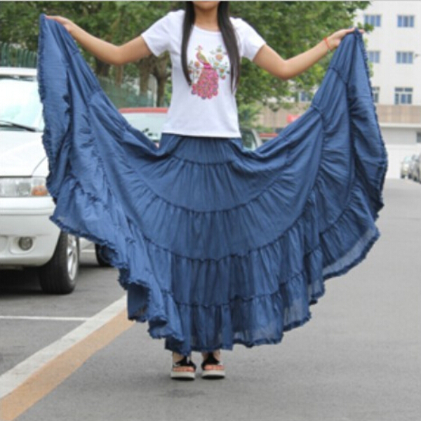 Jupe longue à volants style bohémien pour femme, Maxi, couleur bonbon, taille élastique, coton, décontractée, à la mode