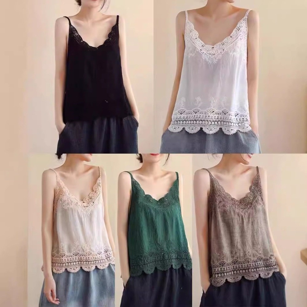 Camisole Rétro Bohème Brodé en Coton et Lin à Col en V, Sans Manches, Motif Floral