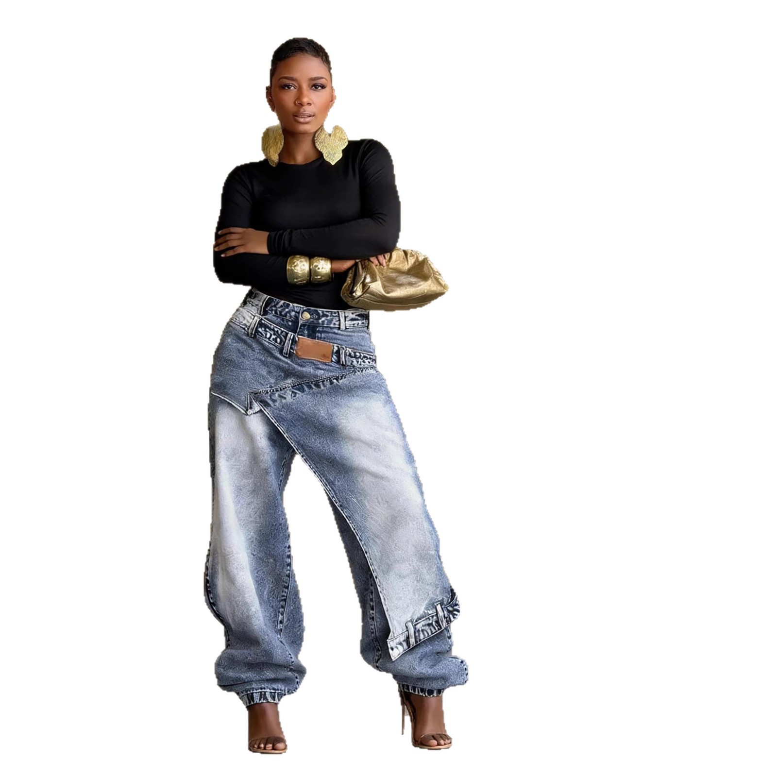 Jeans Femme Vintage Coupe Large Denim Délavé Streetwear Patchwork Patches Pantalon Droit Effet Usé Longueur Ras du Sol 2026
