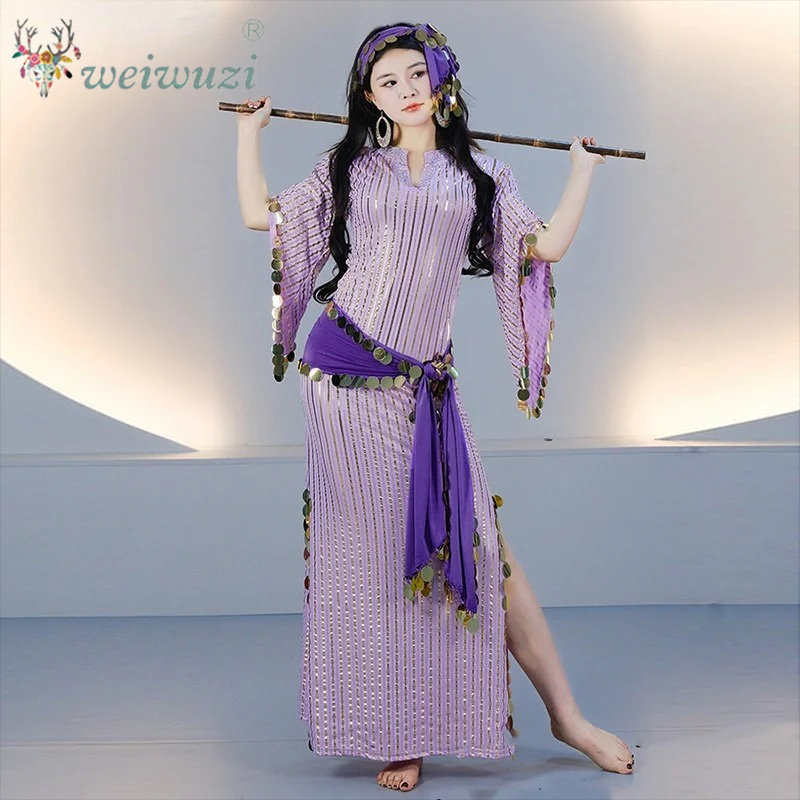 Costume de Danse Orientale Scintillant : Robe, Foulard et Foulard de Hanche (4 pièces) – Tenue de Scène Saidi Balady Shabby
