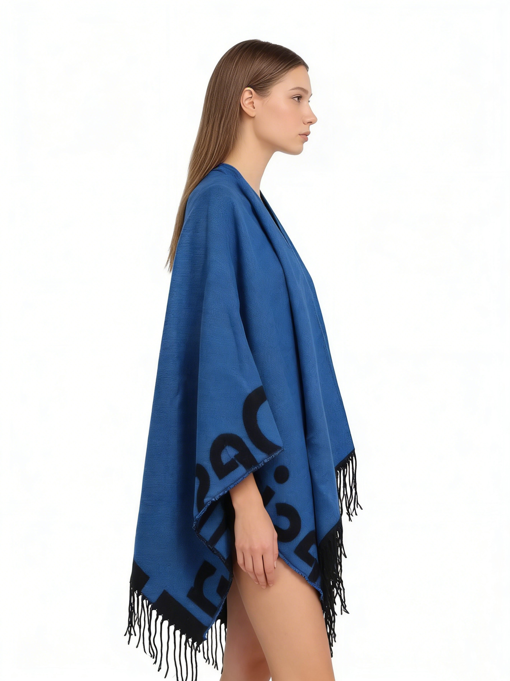 Écharpe châle pour femme, imprimée double face avec pompons, pour la chaleur et la polyvalence, style cape-manteau