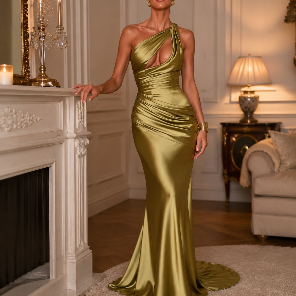 Robe de soirée en satin 2026, asymétrique à une épaule, drapée, plissée, coupe sirène, vert matcha, pour gala