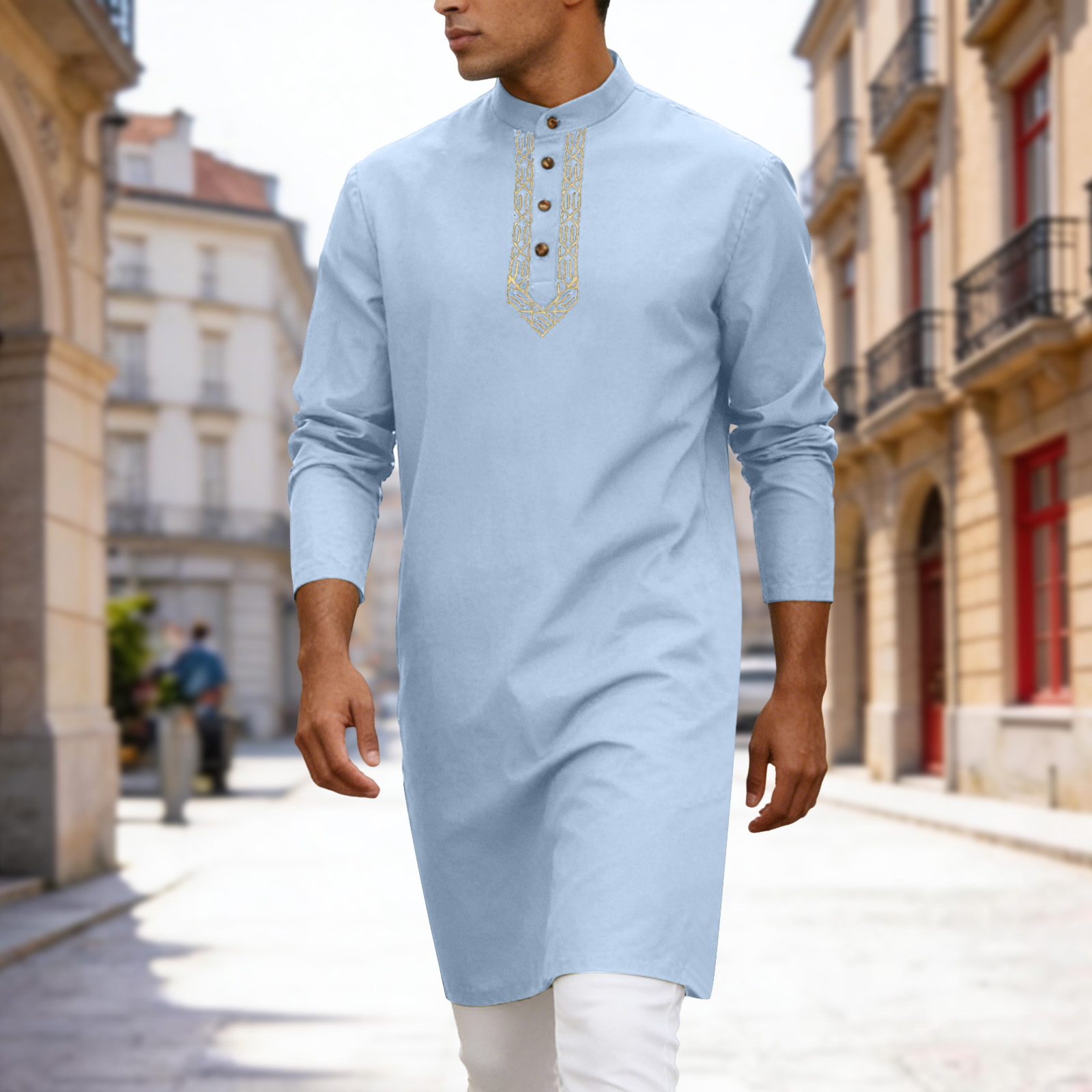 Chemise musulmane pour homme, style islamique arabe, col montant, manches longues, Blouse Jubba Thobe, Kaftan ethnique, Robe Abaya du Moyen-Orient