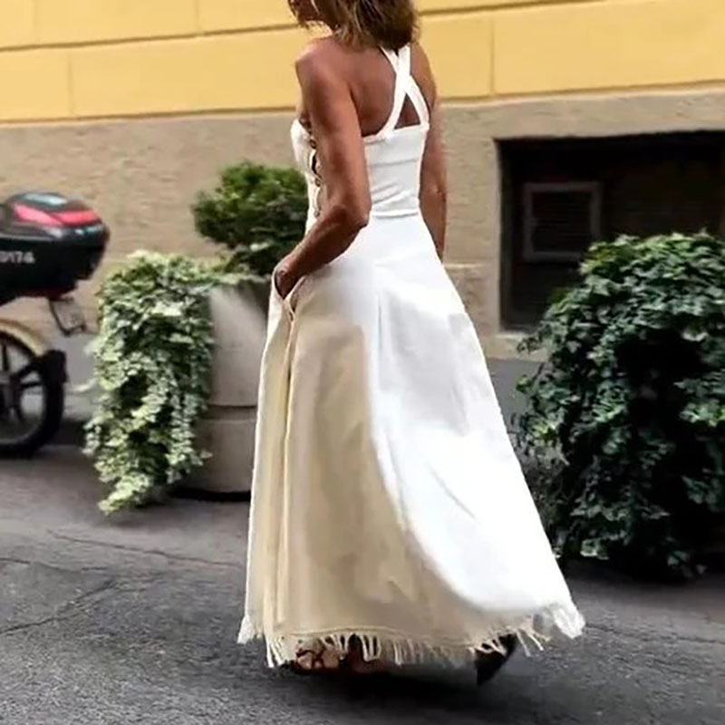 Robe longue d'été à Camisole blanche, décontractée, épaules dénudées, poches, coupe cintrée, élégante, pompon, Patchwork, taille haute, robes de soirée