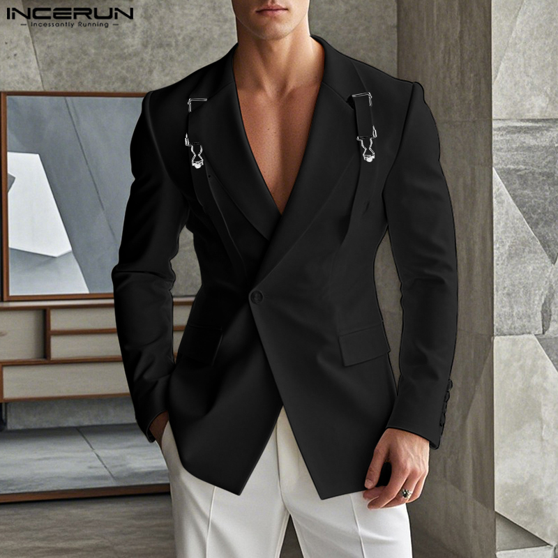 Y-INCERUN-Blazer à Manches sulfpour Homme, Manteau Décontracté, Streetwear, Monochromatique, à la Mode, Bien Ajusté, avec Boucle en Métal