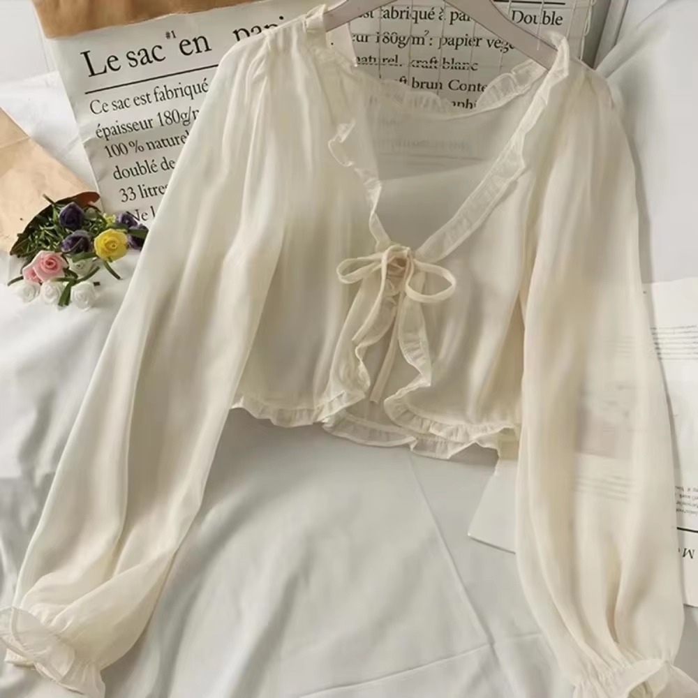 Châle d'été à volants en mousseline de soie pour femmes, couleur unie, manches longues, manteau fin Y2K, Cape boléro, vêtements d'été, haussement d'épaules pour les vacances