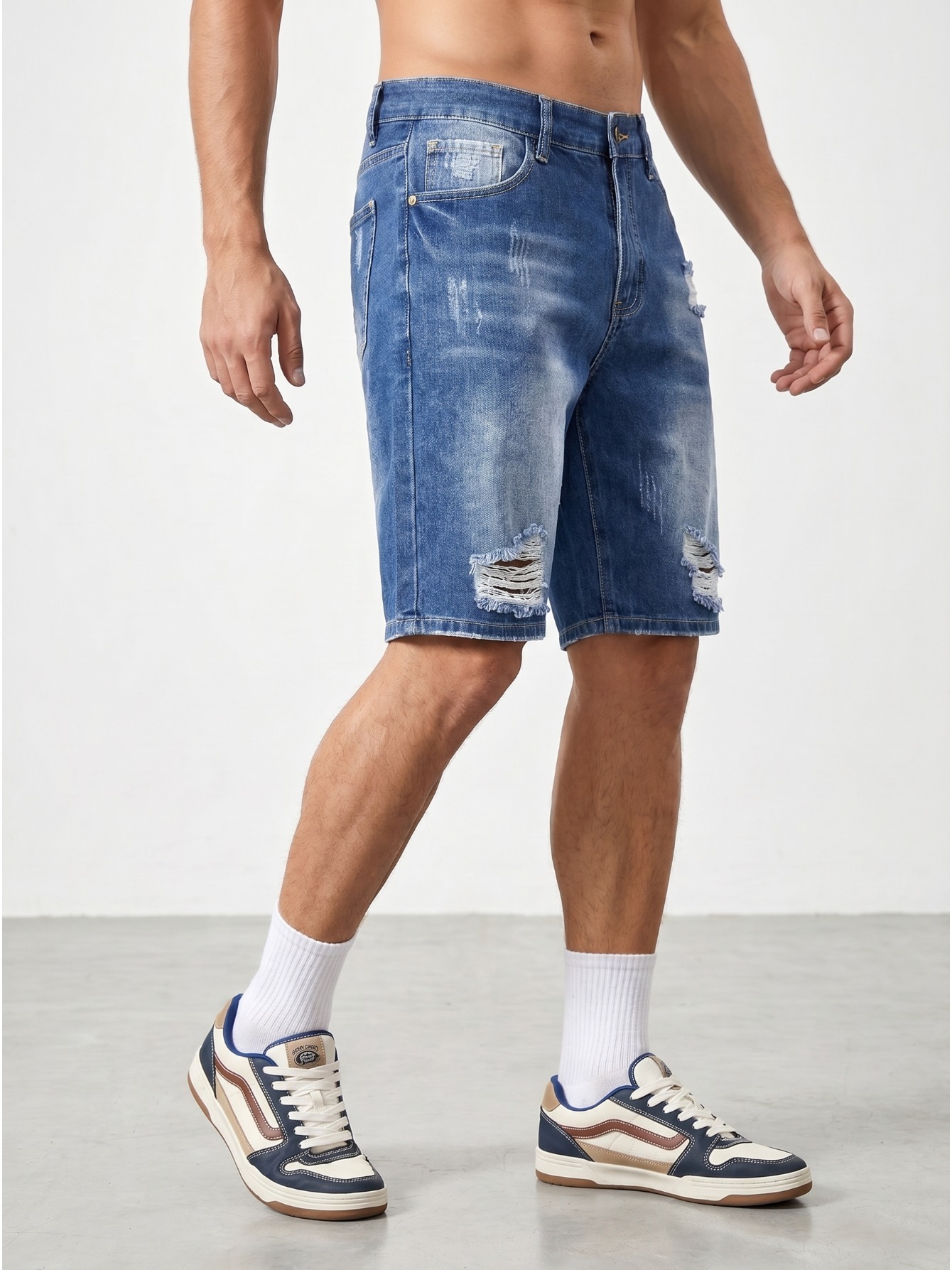 Shorts en jean déchirés pour hommes, bleu vintage délavé, tendance et rafraîchissant, longueur cinq pouces, pour le printemps et l'été