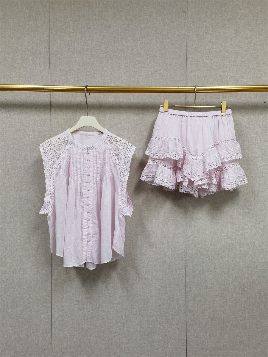 Chemise sans manches en coton ajouré pour femmes, chemisier plissé à simple boutonnage ou jupe short à volants superposés à taille élastique