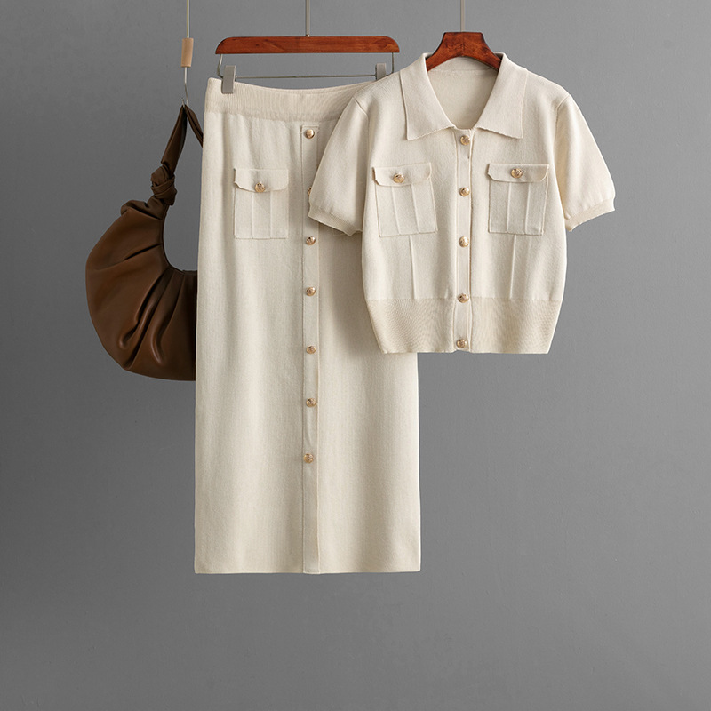 Tenue pour femmes, couleur unie, manches courtes, Cardigan tricoté et jupes élégantes, ensemble deux pièces, mode décontractée, boutons, costume d'été