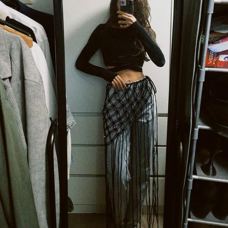 Jupe cache-maillot en corde de coton tressée à la main avec franges, style bohème, pour festival, streetwear, accessoire pour costumes et jeans