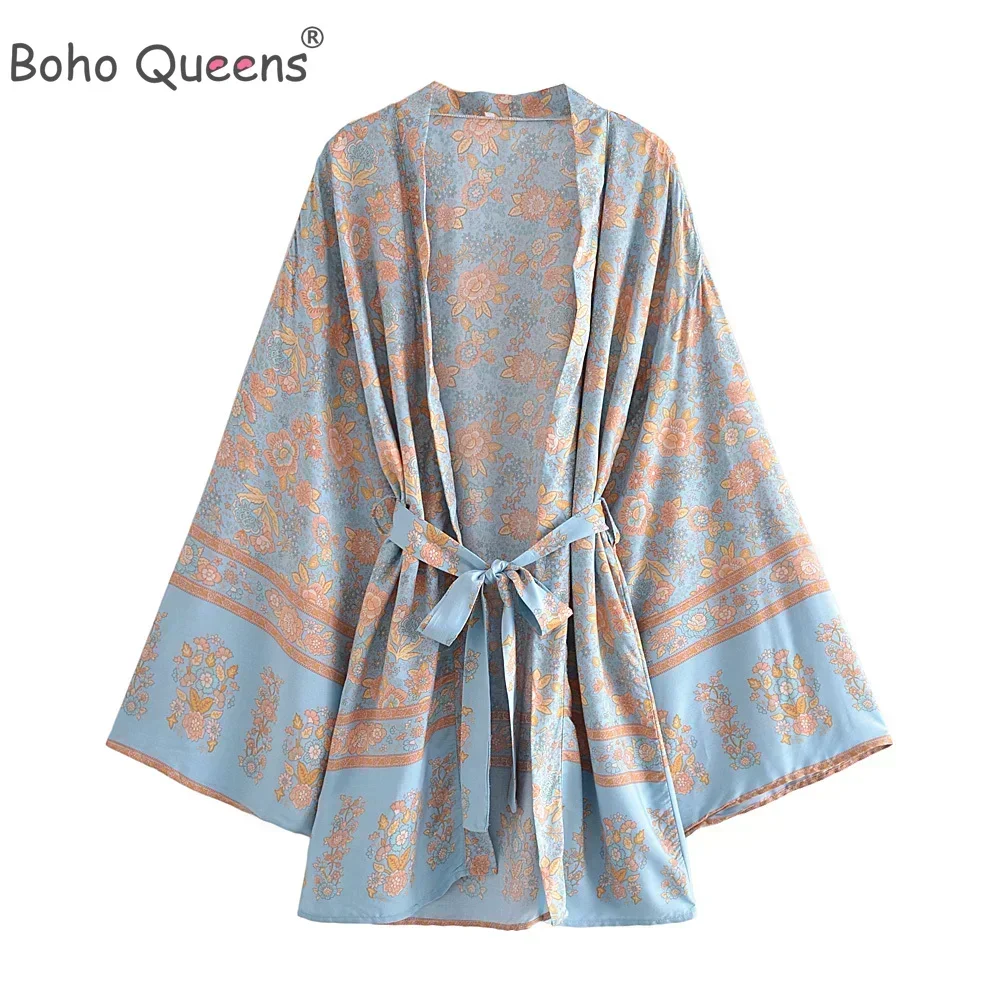 Boho Queens Multi imprimé fleuri ceintures Kimono femmes manches chauve-souris bohème Robe de demoiselle d'honneur vacances plage Boho Bikini couvertures