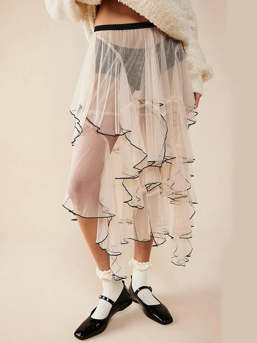 Jupe en tulle transparent pour femme, tenue décontractée, irrégulière, superposée, à volants, élastique, pour la plage, les vacances, le club, streetwear, été