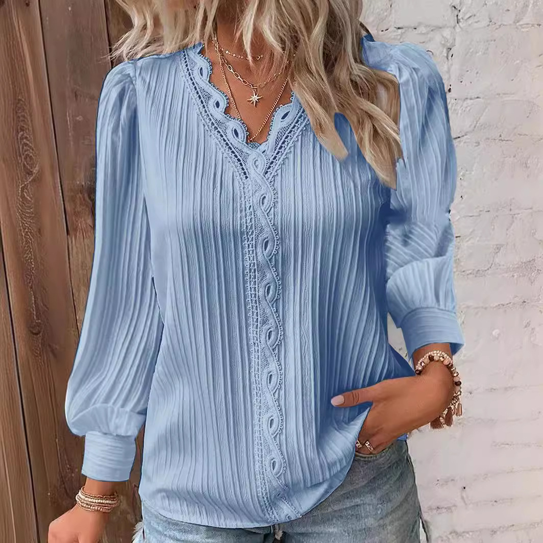 Femmes Patchwork Blouse Y-Printemps Été Femme Col En V À Manches sulfLanterne adt Blouse Chemises LRFZ-C165