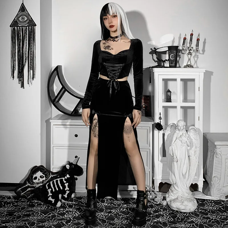 Jupe longue de fête chic pour femme, style punk, nouvelle collection, taille haute, coupe ajustée, avec nœud sexy et fente latérale, longueur genou, idéale pour Halloween