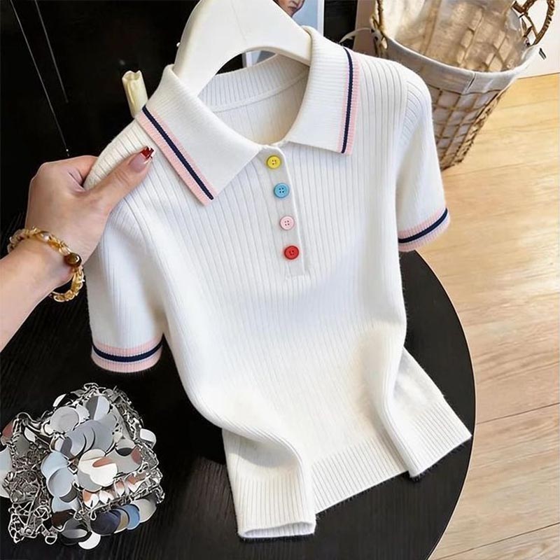 Tunique élégante pour femme, nouvelle collection été, col rabattu boutonné, t-shirt polyvalent à manches courtes, patchwork uni