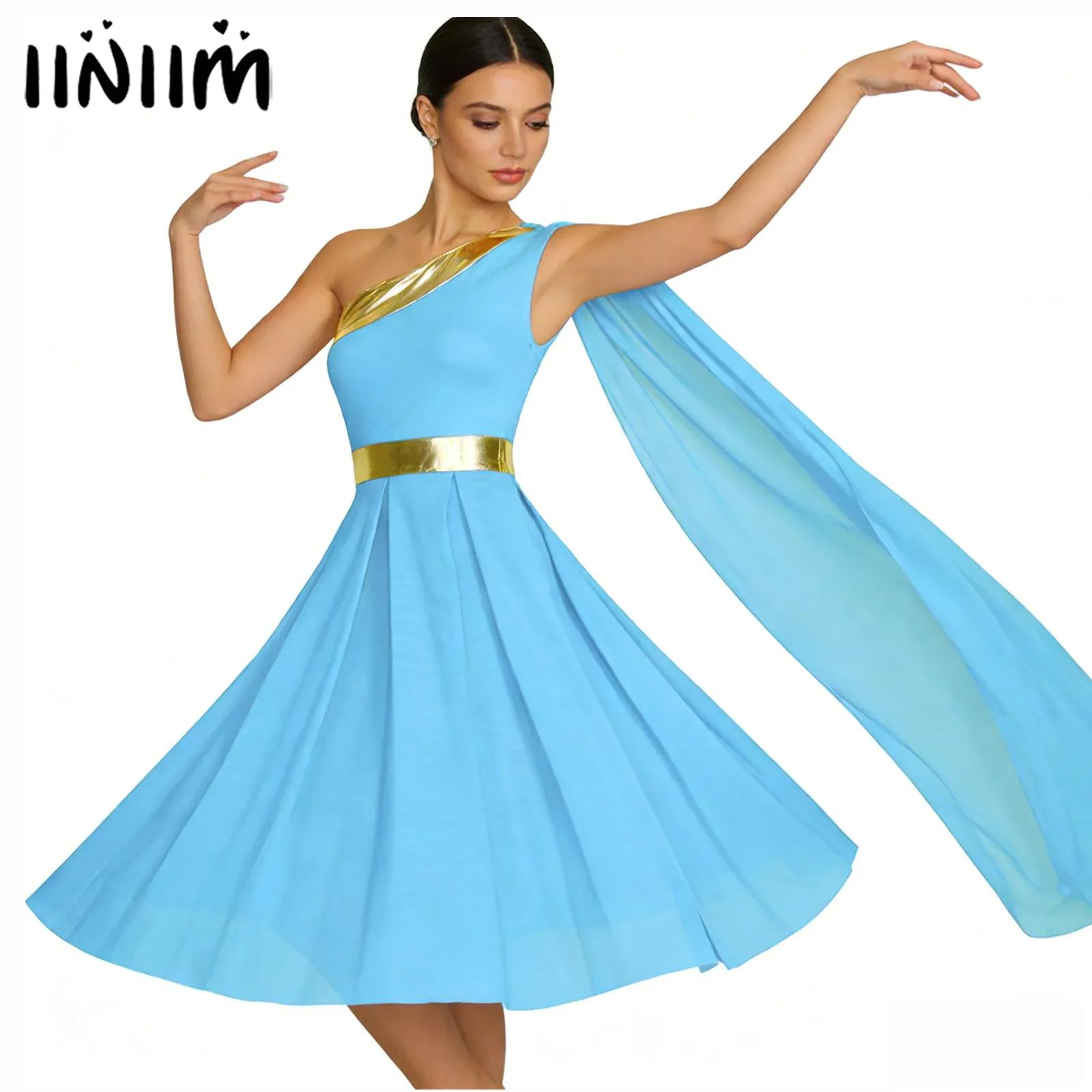 Costume de spectacles de danse de Ballet pour femmes, robe tunique asymétrique épaule dénudée avec drapé, ourlet fendu métallique brillant