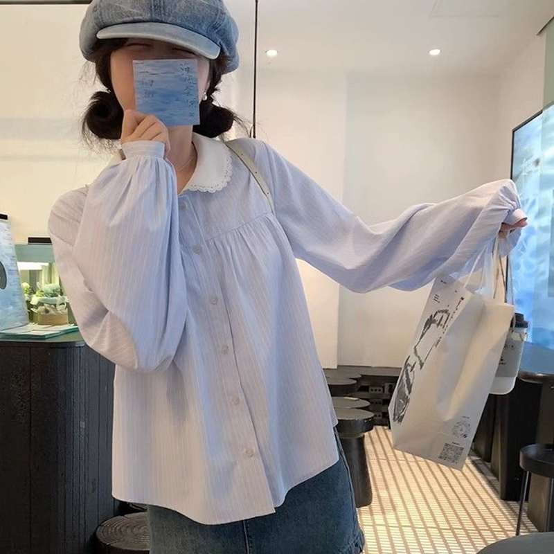 Chemise rayée à manches longues pour femmes, chemisier chic, style preppy coréen, tout match, col rabattu, mode printemps, nouveau
