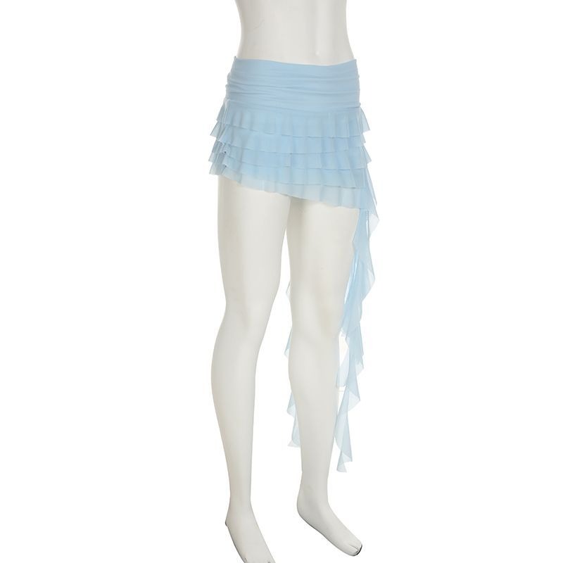 Mini jupe taille haute en maille pour femmes, ourlet fluide, jupes Y2K, élastique irrégulière, été coréen, multicouche, garniture à volants, Lingerie