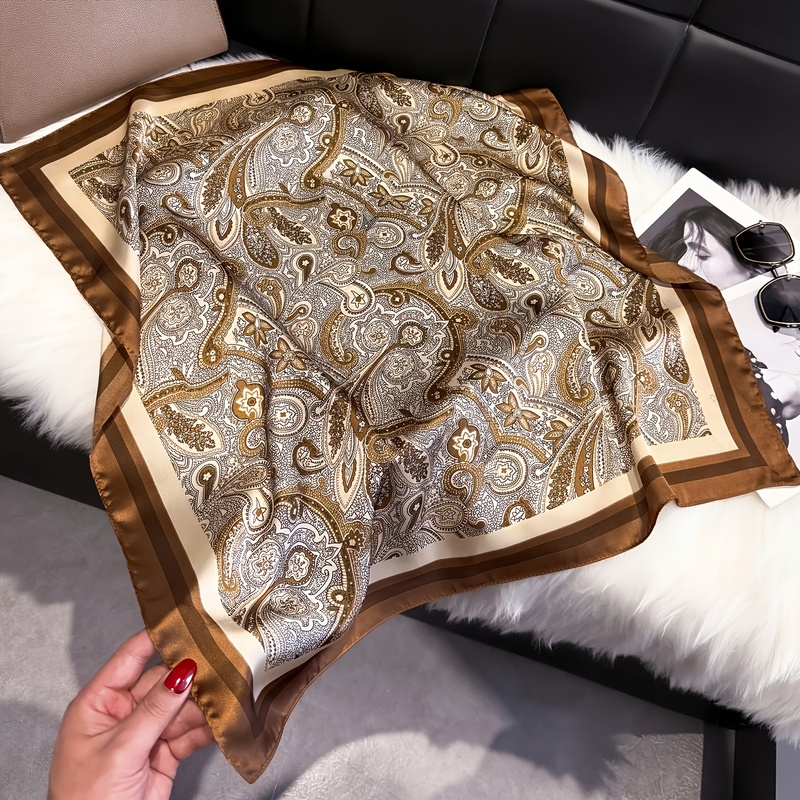 Écharpe carrée marron à motif Paisley pour femmes, foulard multifonctionnel, châle, texture soyeuse, accessoire de mode, disponible en quatre saisons
