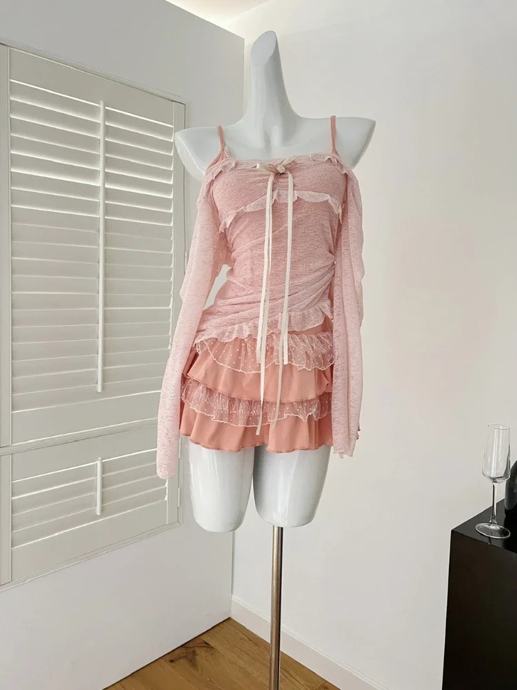 Coréen Sexy Mode Élégant 2 Pièces Ensemble Femmes Arc Hauts En Dentelle + Slim Fit Chic Robe Soirée Doux Casual Costumes Nouveau 2025 D'été