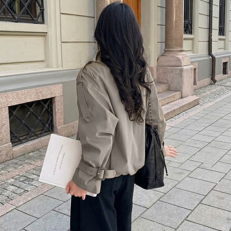 Veste Trench Courte Utilitaire pour Femme, Coupe Décontractée, Col Montant, Épaulettes, Double Boutonnage, Manteau Court, Vêtement d'Extérieur Urbain