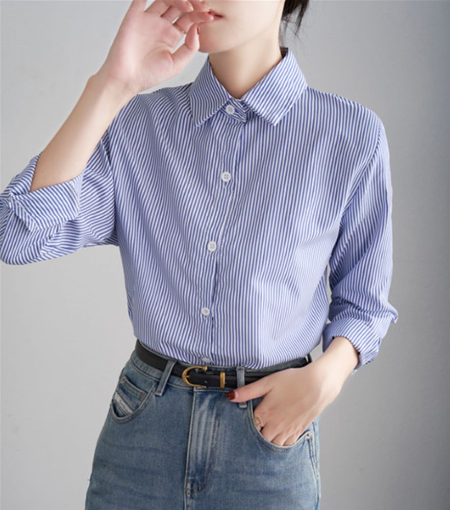 Chemise à rayures bleues pour femmes, ample, décontractée, manches longues, vêtements à la mode pour dames, vêtements de bureau, printemps automne