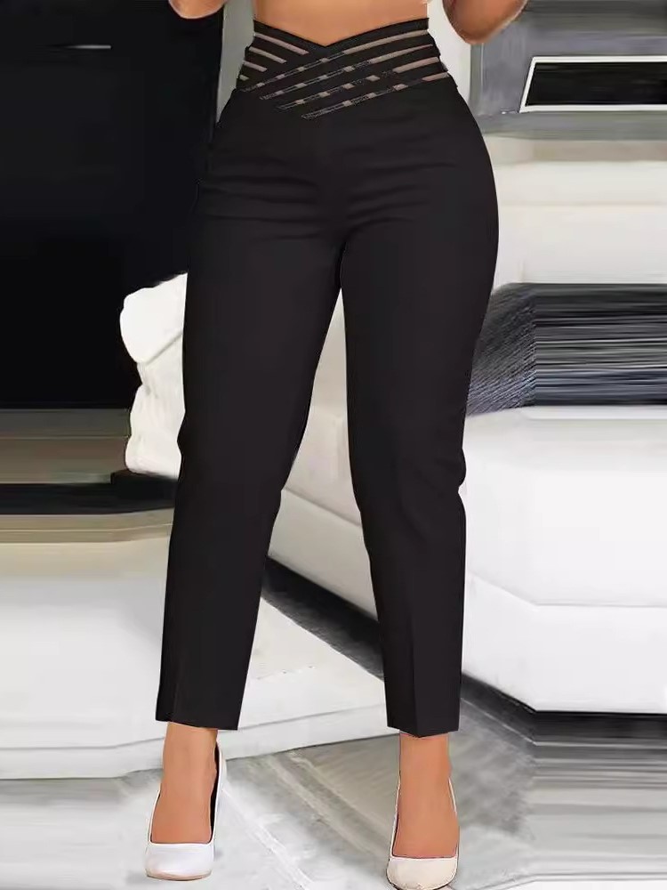Pantalon femme mode décontracté bureau noir blanc maigre cheville longueur pantalon femme Sexy évider taille haute pantalon printemps été