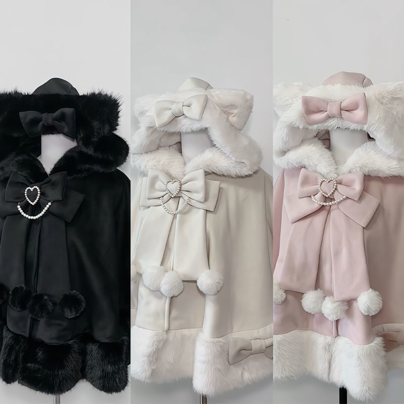 Manteau châle Lolita pour femme, pardessus Design avec nœud, capuche, Patchwork, Kawaii, chaud, Chic, doux, manteau de noël, nouvelle collection hiver 2025