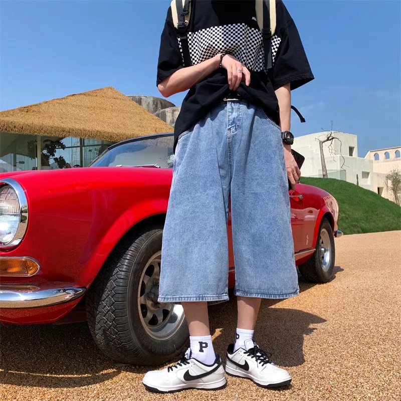 Pantalons en jean pour hommes, shorts d'été, jeans à grandes poches, pantalons capri, streetwear hip-hop, shorts en jean amples, pantalons capri décontractés à jambes larges.
