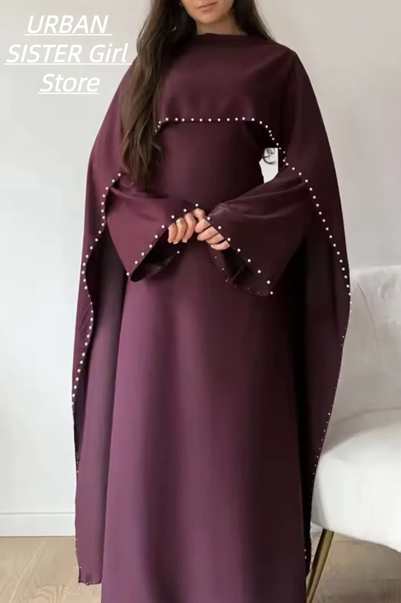 Cape ornée de perles avec manches cloche, robe musulmane, robe de soirée longue élégante de couleur unie