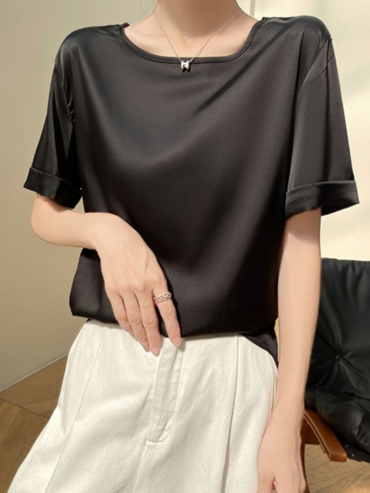 Nouveauté Été 2026 T-shirts en satin pour femme, couleur unie, élégants, à manches courtes, minimalistes et polyvalents