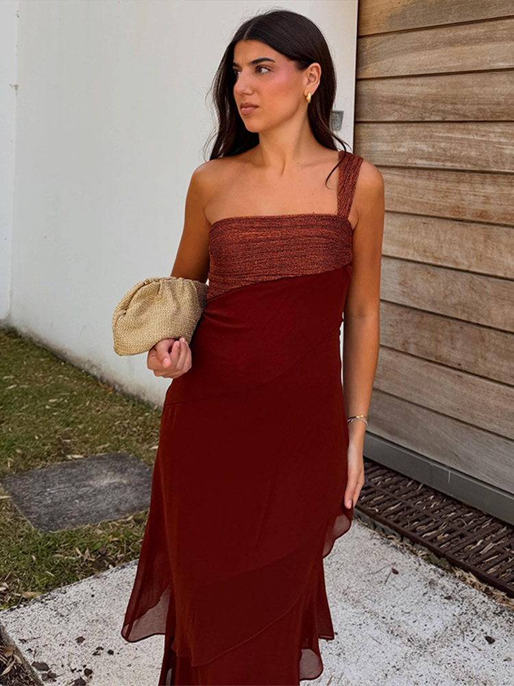 Robe longue asymétrique en mousseline unie pour femme, élégante, à taille cintrée, superposée, nouvelle collection été, pour le quotidien