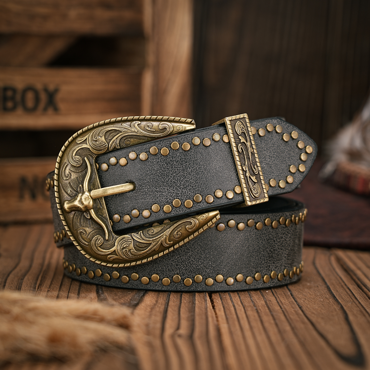 Ceinture en jean western pour hommes et femmes - Cuir PU - Ceinture vintage avec boucle sculptée florale