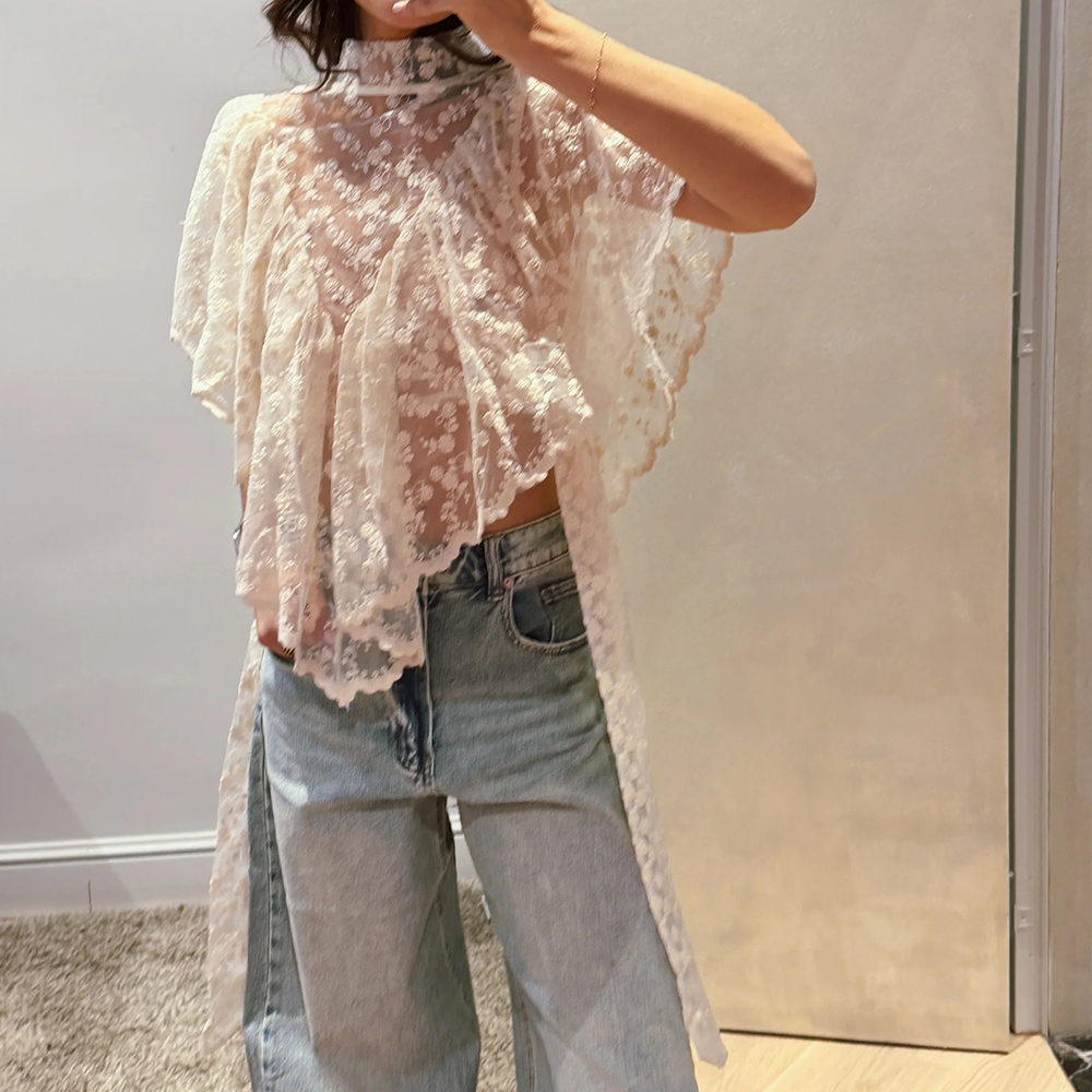 T-shirts d'été pour femmes, style Kawaii Grunge, en dentelle, broderie florale, Coquette, sexy, transparents, à volants irréguliers, manches flottantes, coupe ample