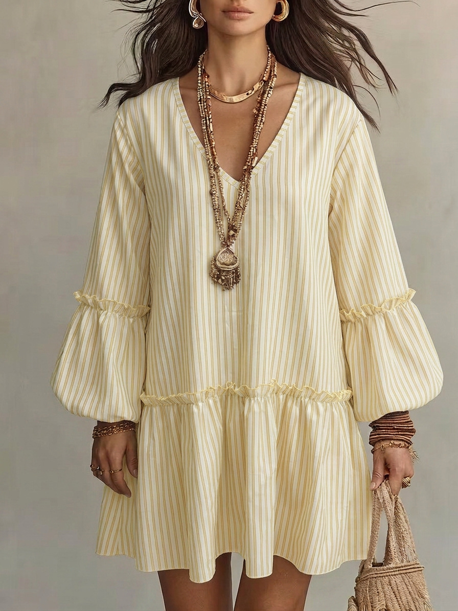 Robe Courte Décontractée Printemps Automne Rayée Colorée Tendance Style Urbain Manches Longues Col V Taille Haute Manches Lanterne