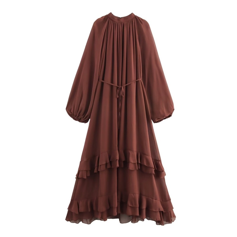 Robe longue en mousseline marron à manches bouffantes pour femme, avec ceinture et ourlet à volants, idéale pour le quotidien, le campus ou le bureau