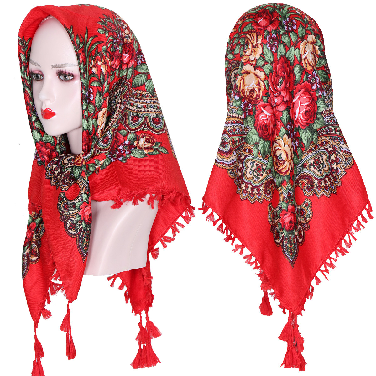Foulard carré russe 90x90cm à franges courtes pour femme, imprimé floral de luxe, bandana, châle, foulard de tête, couvre-chef féminin