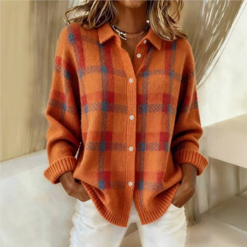 Pull décontracté pour femmes, printemps et automne, à carreaux, manches longues, col châle, pull cardigan