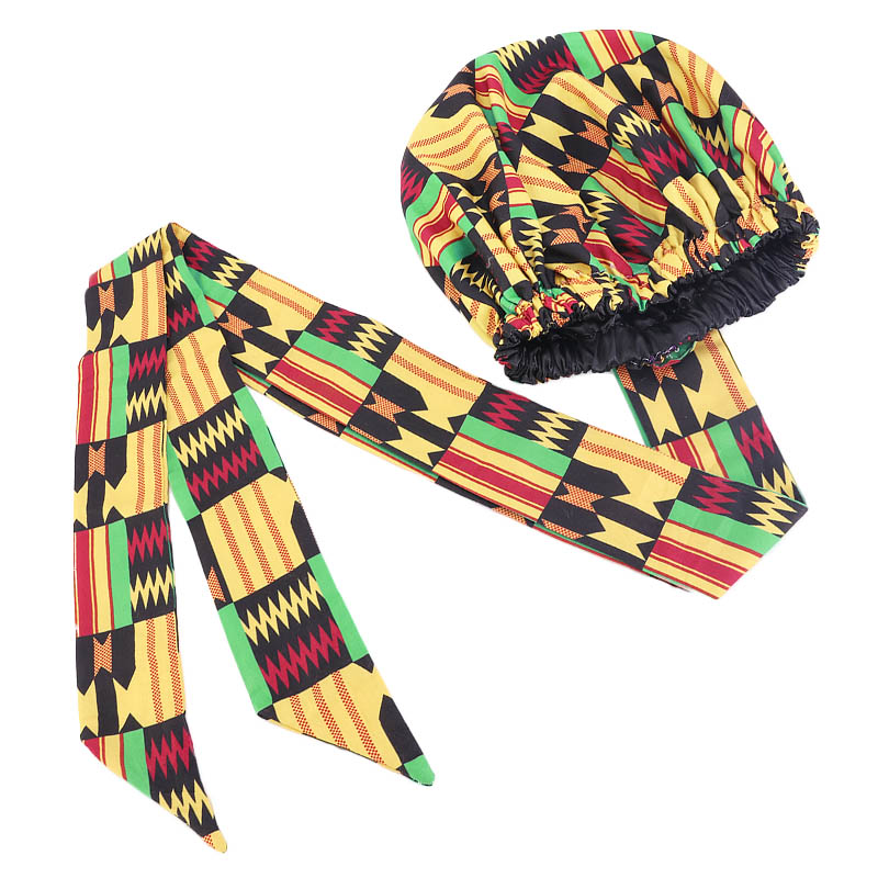 Bonnet de Nuit en Satin Imprimé à Motif Africain pour Femme, Long Ruban, Écharpe de Sauna Double Couche, Grande Taille, Couverture de Cheveux pour Adulte