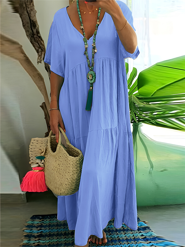 Robe longue décontractée pour femmes grandes tailles, coupe ample, col en V, couleur unie ; Robe plissée pour femmes grandes tailles printemps/été