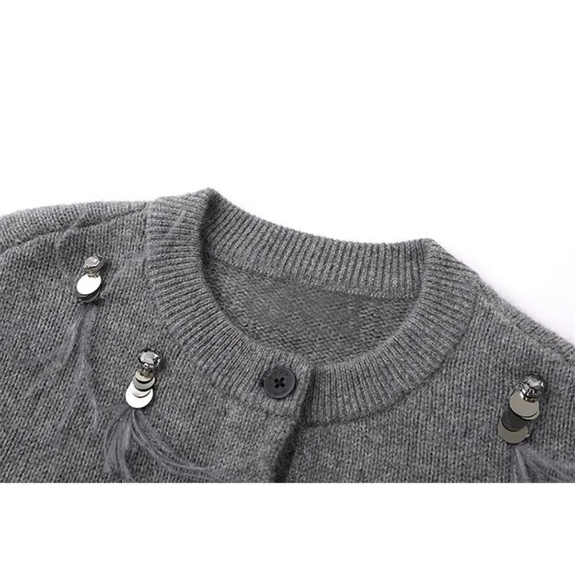 Manteau à manches longues avec pompons en plumes pour femmes, pull haut de gamme, noir, gris, tout cardigan vintage, automne, hiver
