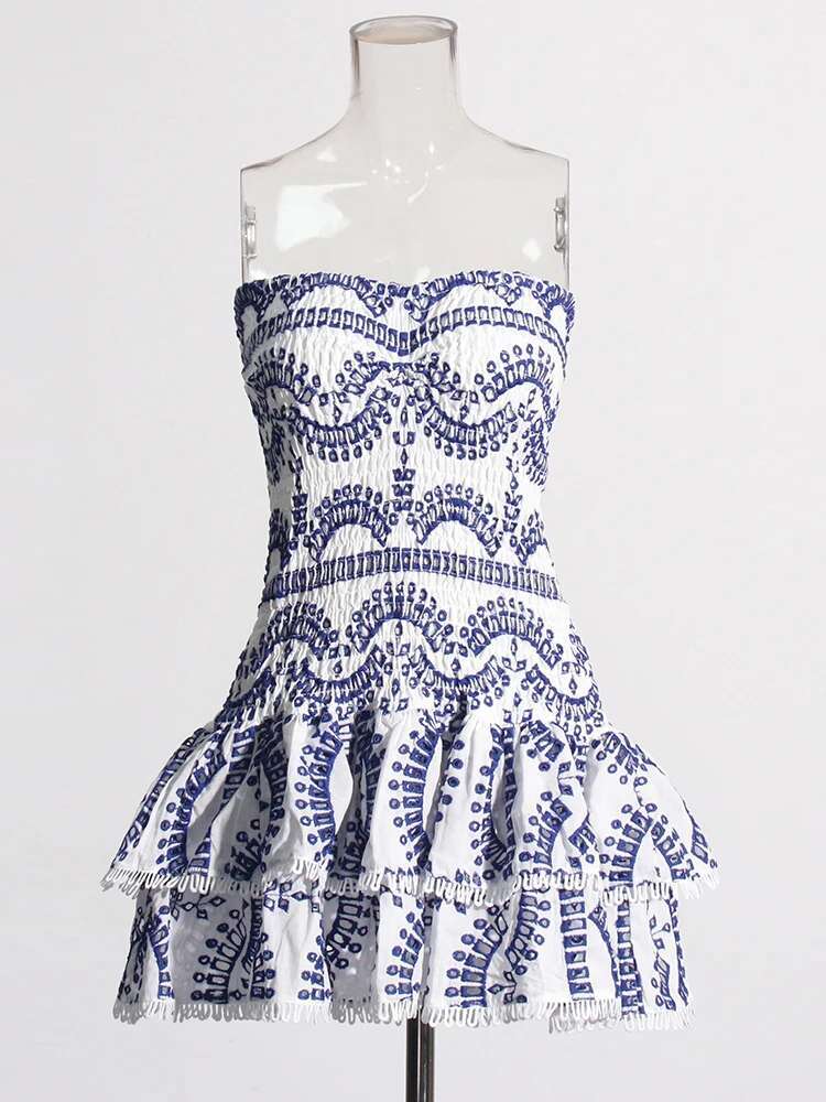 Robe plissée en Patchwork rose pour femmes, tenue décontractée, sans bretelles, sans manches, taille haute, ajourée, élégante, amincissante, P5ZS