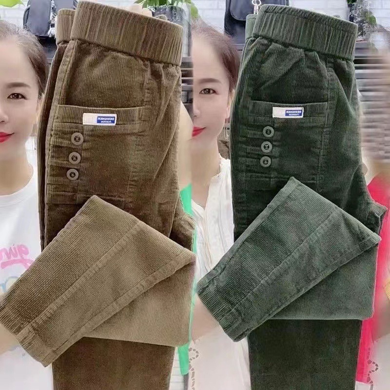 Femmes élégantes Streetwear mode coréenne pantalon décontracté solide velours côtelé Harlan bouton poches pantalon nouveau automne hiver pantalon