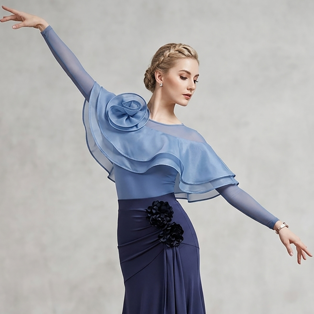 Hauts de danse de salon modernes Waltz pour femmes, châle à volants avec fleurs 3D, body moulant à manches longues, vêtements de danse d'entraînement en violet, rouge, bleu, noir.