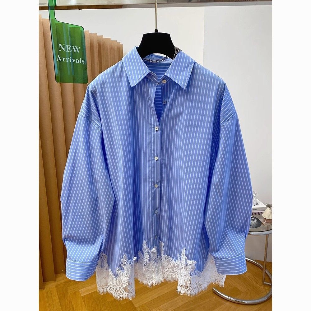 Dentelle Patchwork à manches longues bleu rayé chemise Blusas Femininas Elegantes chemises et chemisiers Camisas De Mujer été